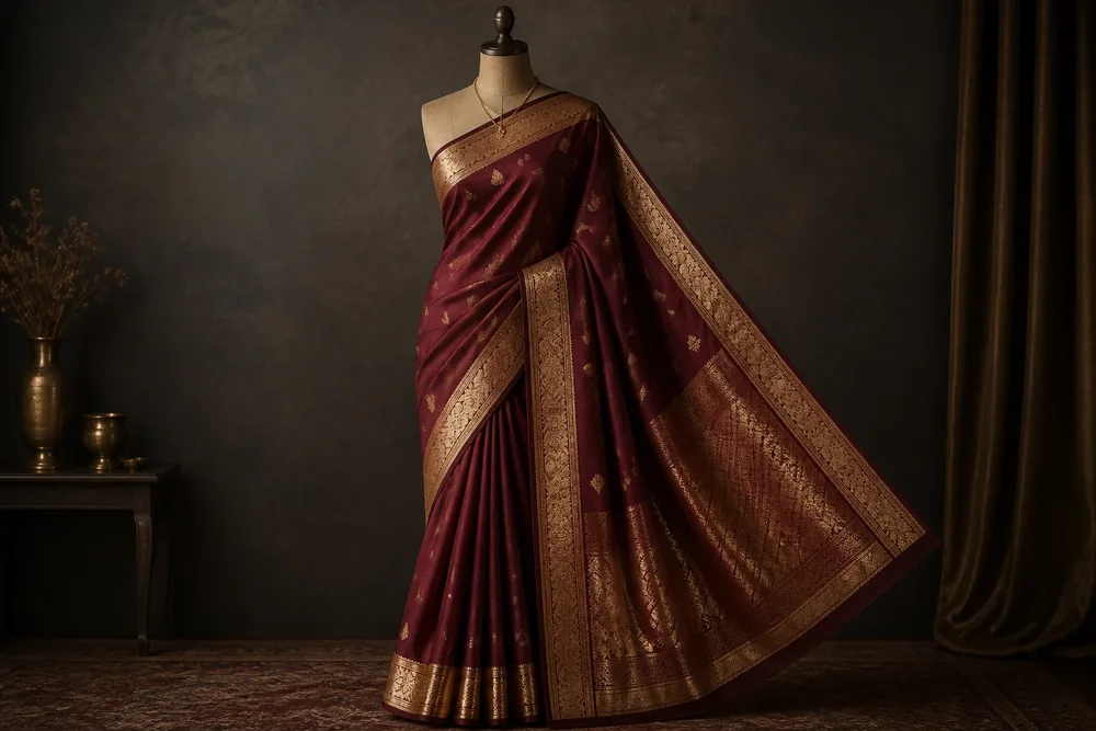 Burgundy and gold couture saree
