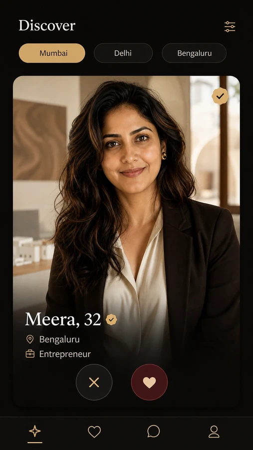Discover screen with city filters and a verified profile