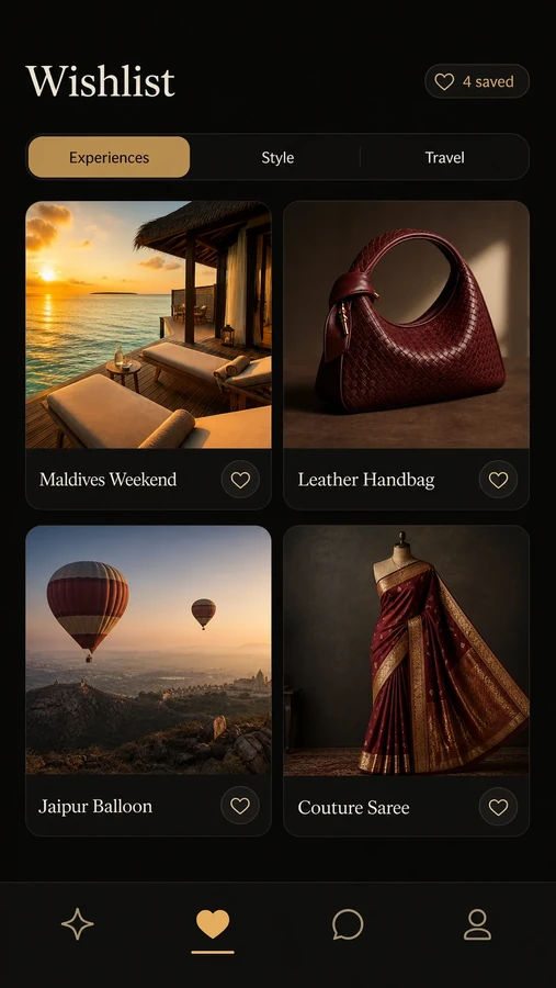 Wishlist experiences and saved items screen
