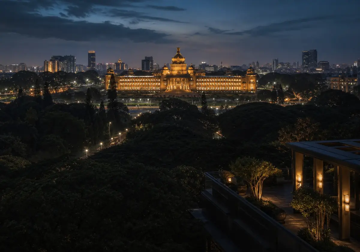 Bengaluru Vidhana Soudha and city skyline at blue hour