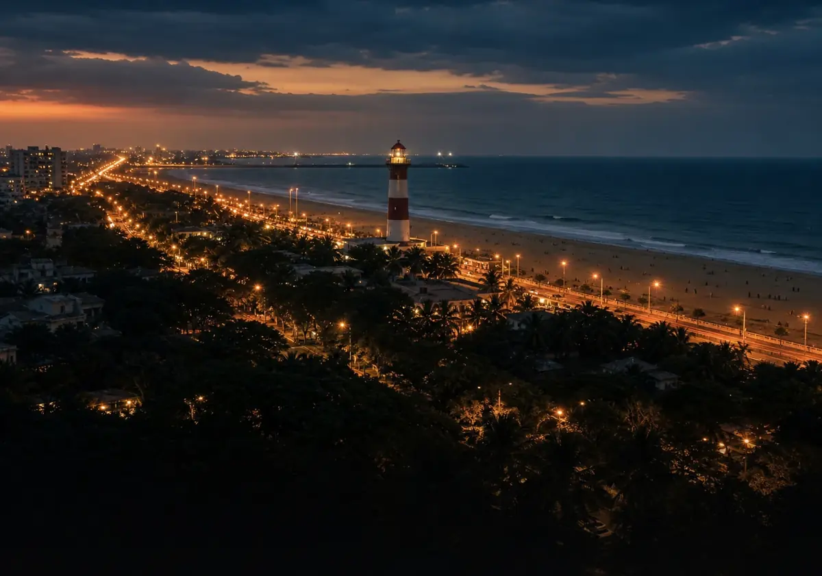 Chennai Marina Beach and lighthouse at blue hour