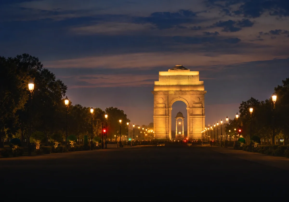 India Gate in Delhi illuminated at blue hour