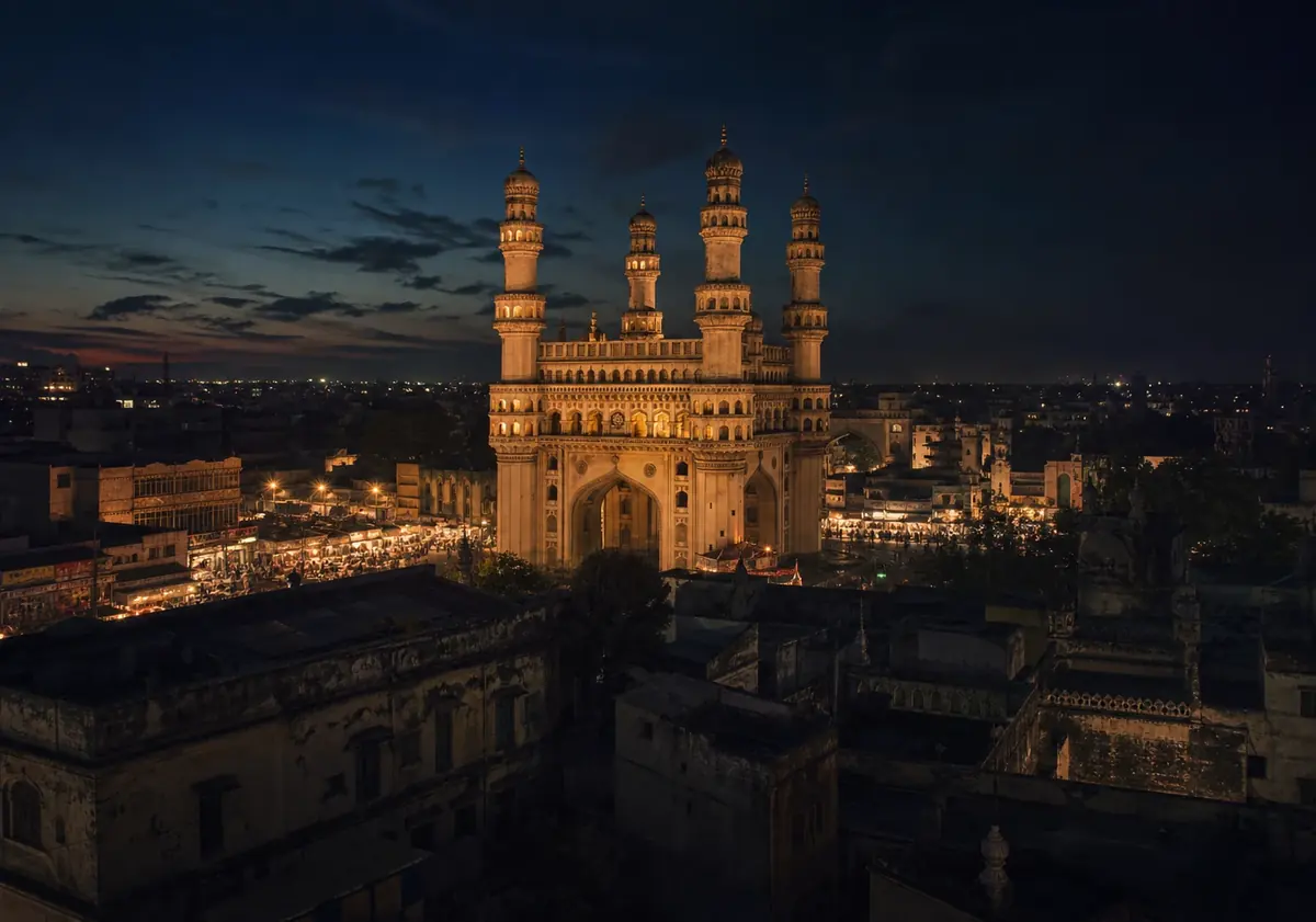 Hyderabad Charminar illuminated above the old city