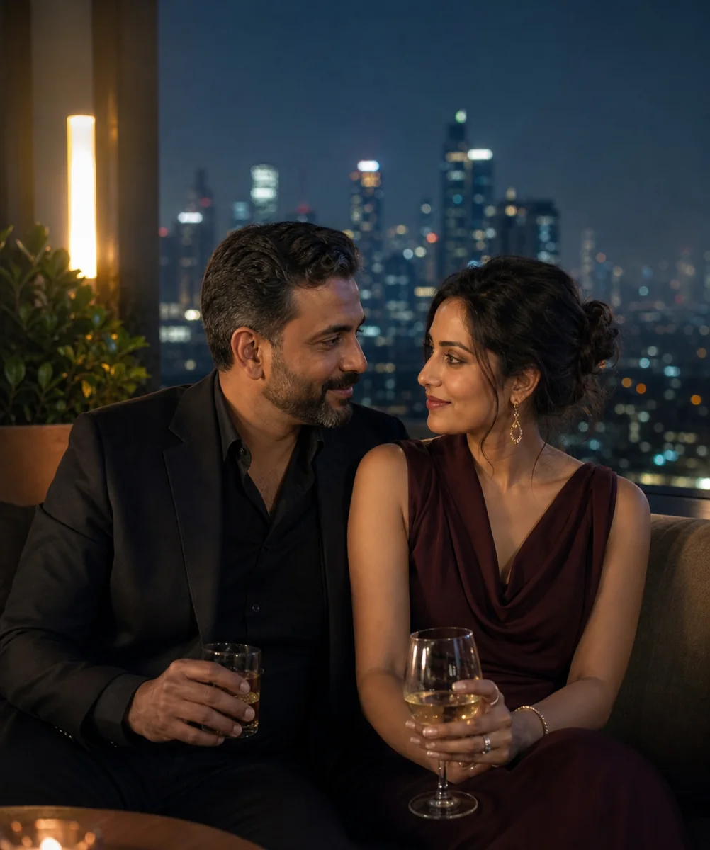 Elegant Indian couple sharing a rooftop evening in Mumbai