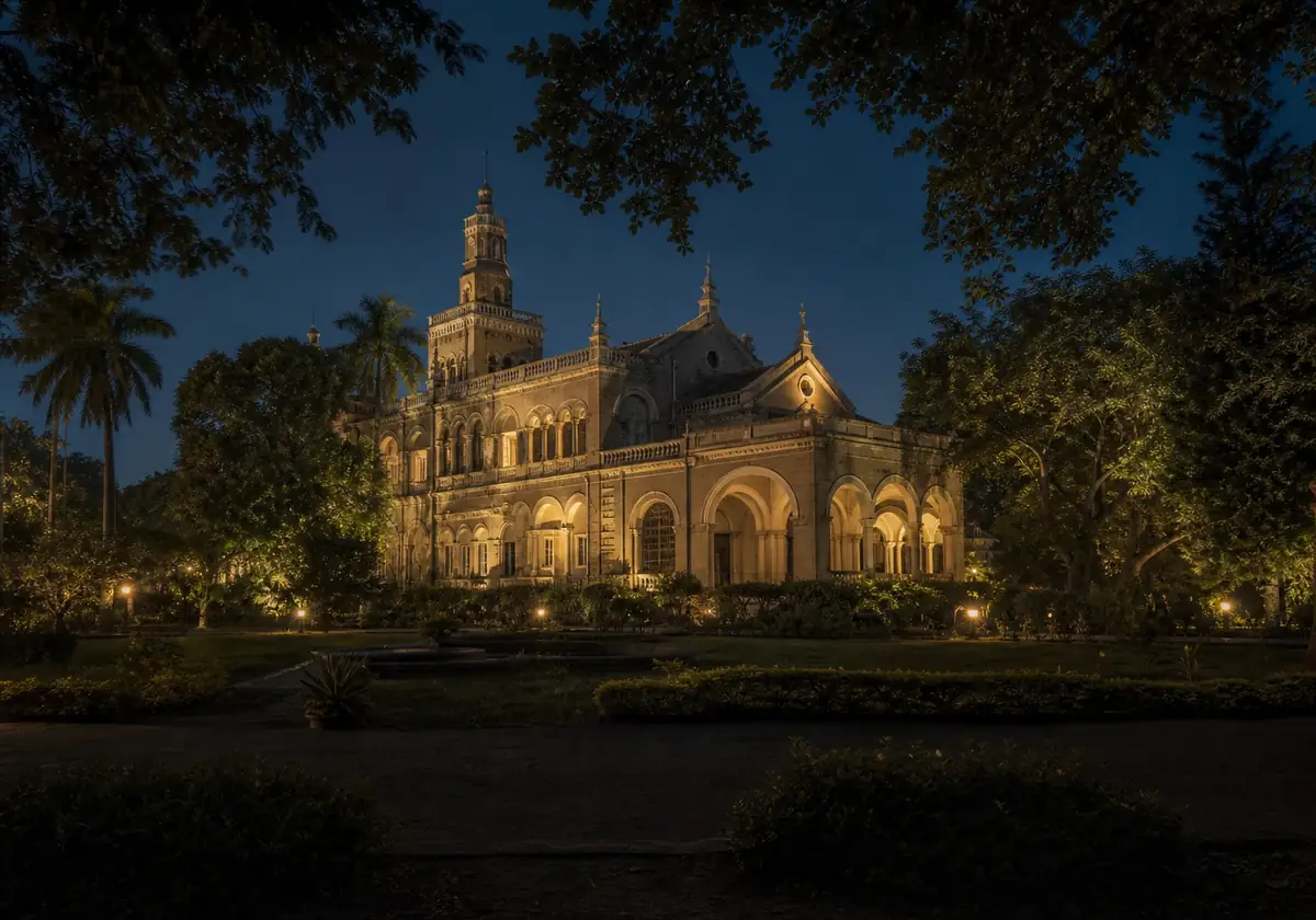Pune Aga Khan Palace illuminated at blue hour